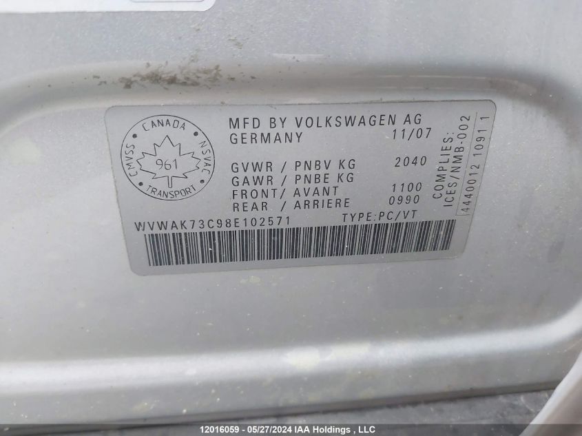 2008 Volkswagen Passat Sedan VIN: WVWAK73C98E102571 Lot: 12016059