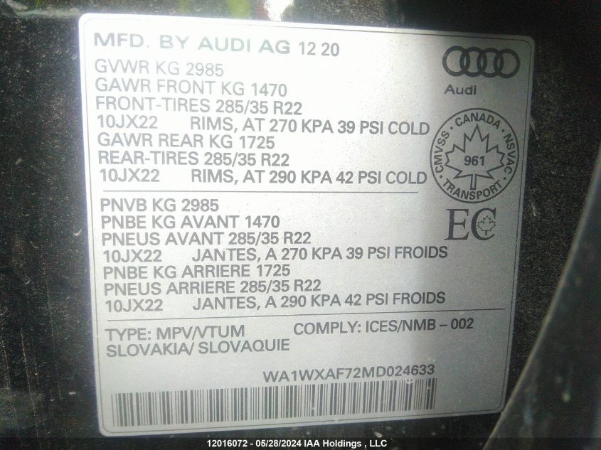 2021 Audi Q7 VIN: WA1WXAF72MD024633 Lot: 12016072