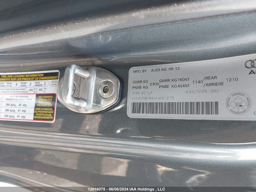 2013 Audi A5 VIN: WAUVFBFH5DN001275 Lot: 12016075