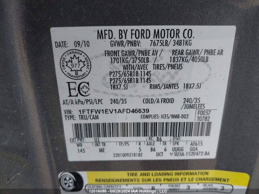 2010 Ford F-150 VIN: 1FTFW1EV1AFD46639 Lot: 12016088