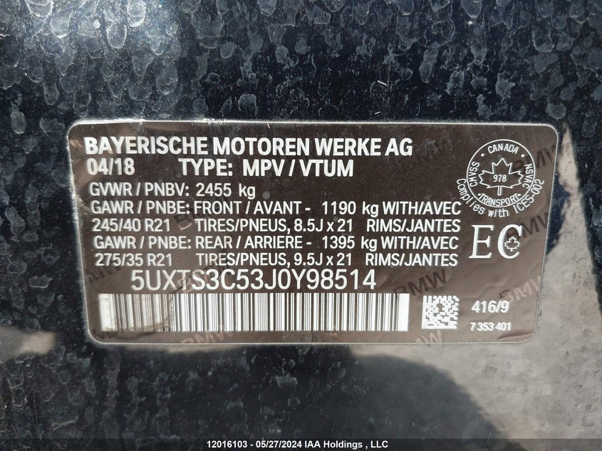 2018 BMW X3 VIN: 5UXTS3C53J0Y98514 Lot: 12016103