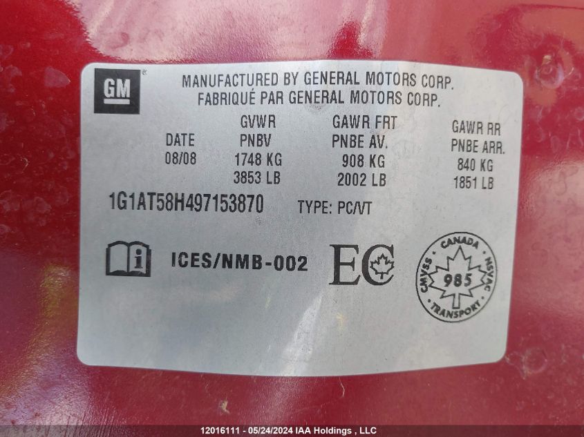 2009 Chevrolet Cobalt VIN: 1G1AT58H497153870 Lot: 12016111