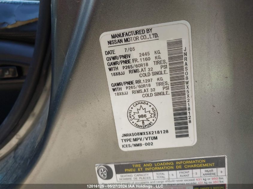 2005 Infiniti Fx35 VIN: JNRAS08WX5X218128 Lot: 12016125