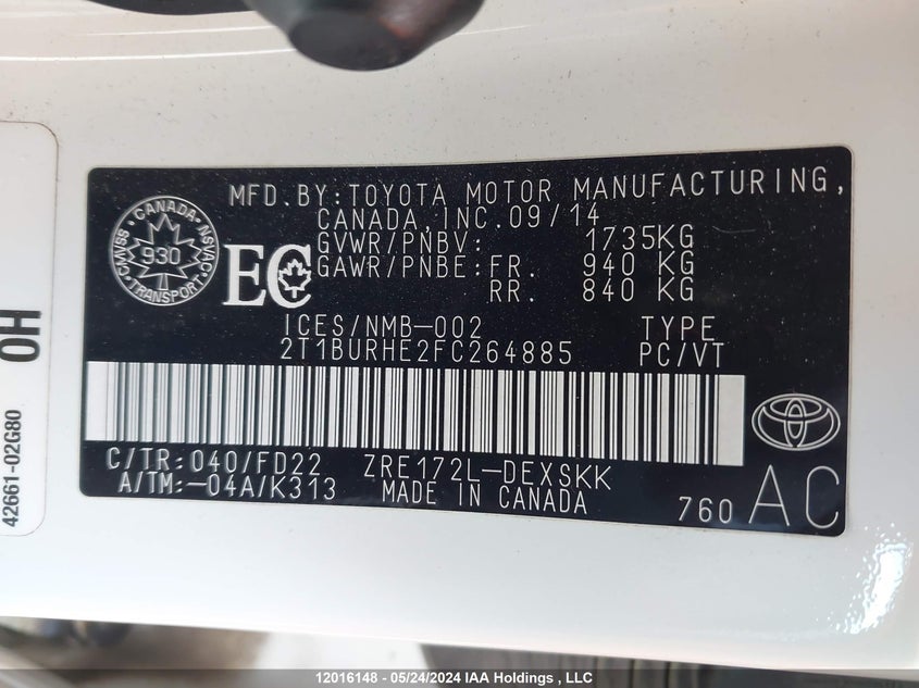 2015 Toyota Corolla VIN: 2T1BURHE2FC264885 Lot: 12016148