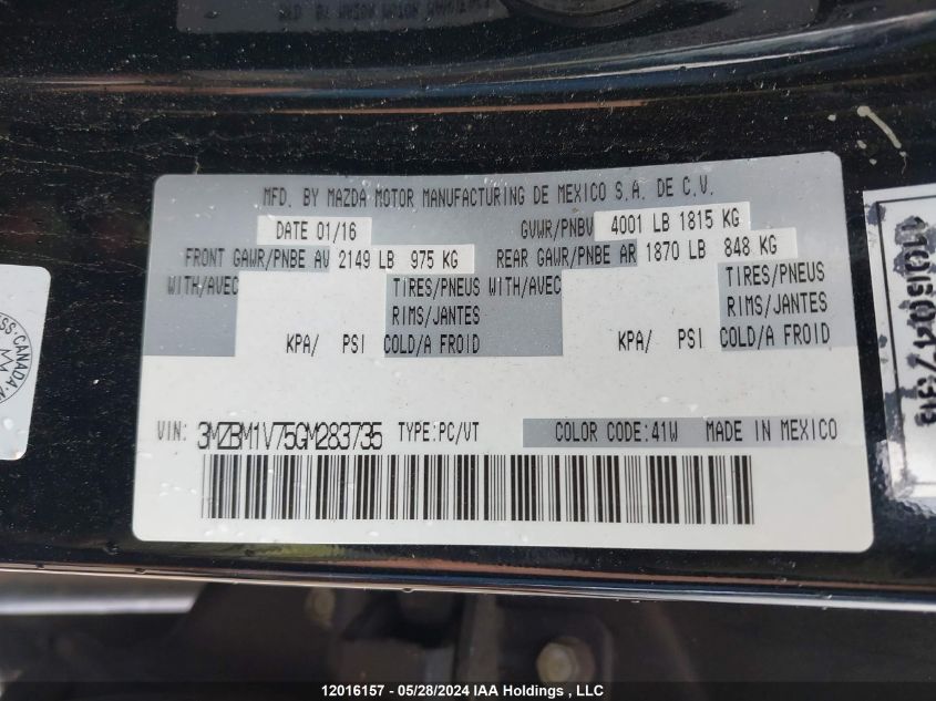 2016 Mazda 3 Touring VIN: 3MZBM1V75GM283735 Lot: 12016157