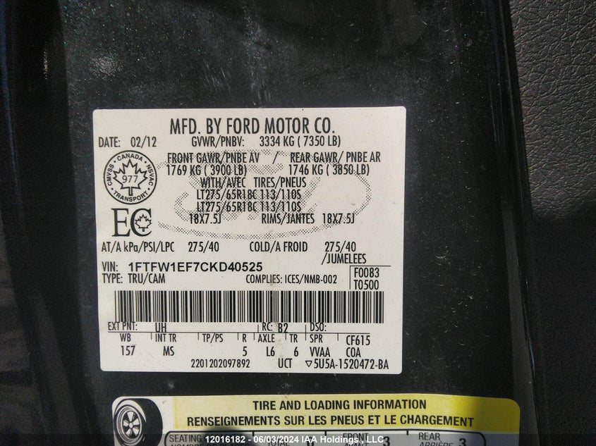 2012 Ford F-150 VIN: 1FTFW1EF7CKD40525 Lot: 12016182