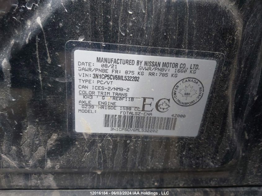 2021 Nissan Kicks Sv VIN: 3N1CP5CV6ML532202 Lot: 12016184