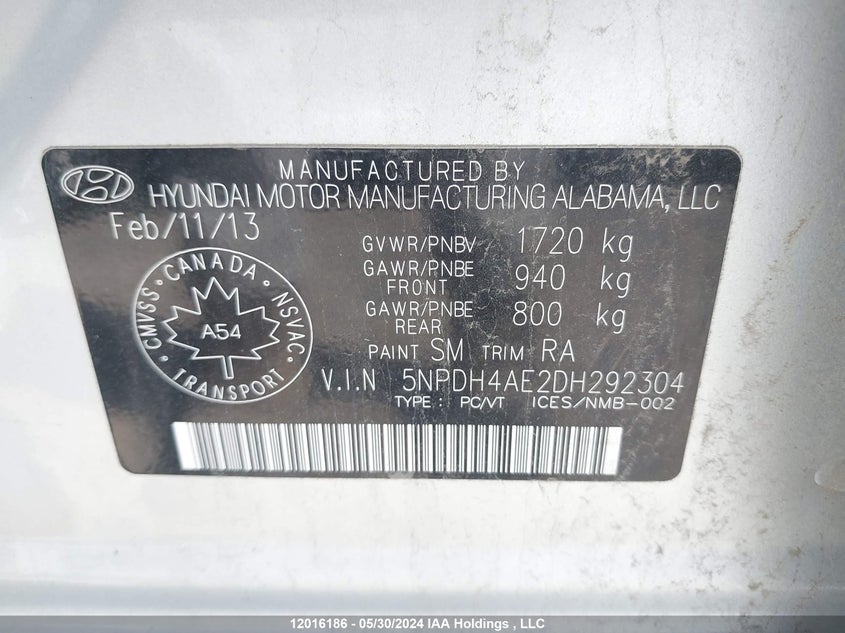 2013 Hyundai Elantra VIN: 5NPDH4AE2DH292304 Lot: 12016186