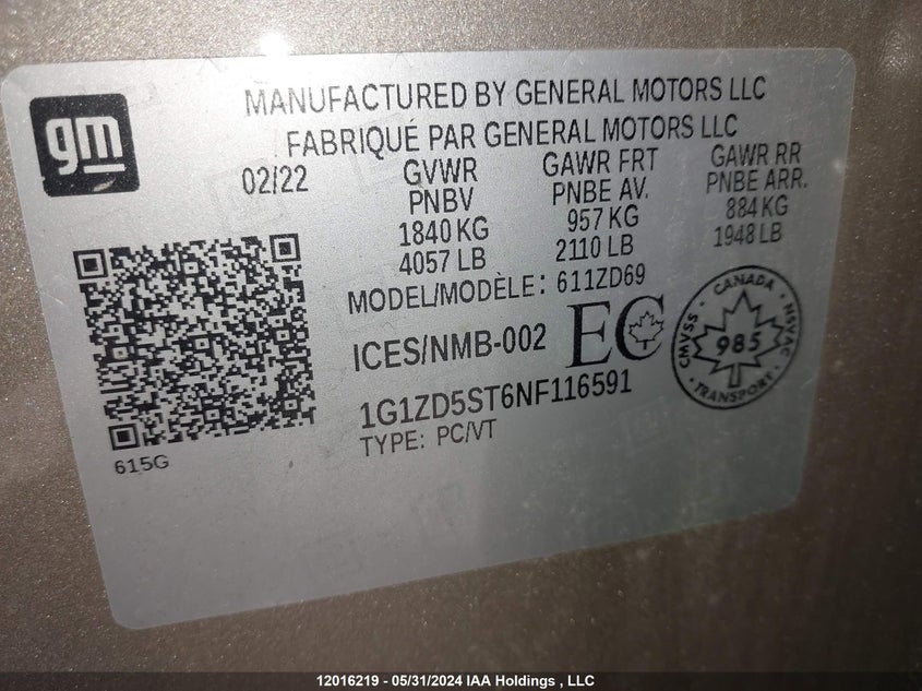 2022 Chevrolet Malibu VIN: 1G1ZD5ST6NF116591 Lot: 12016219