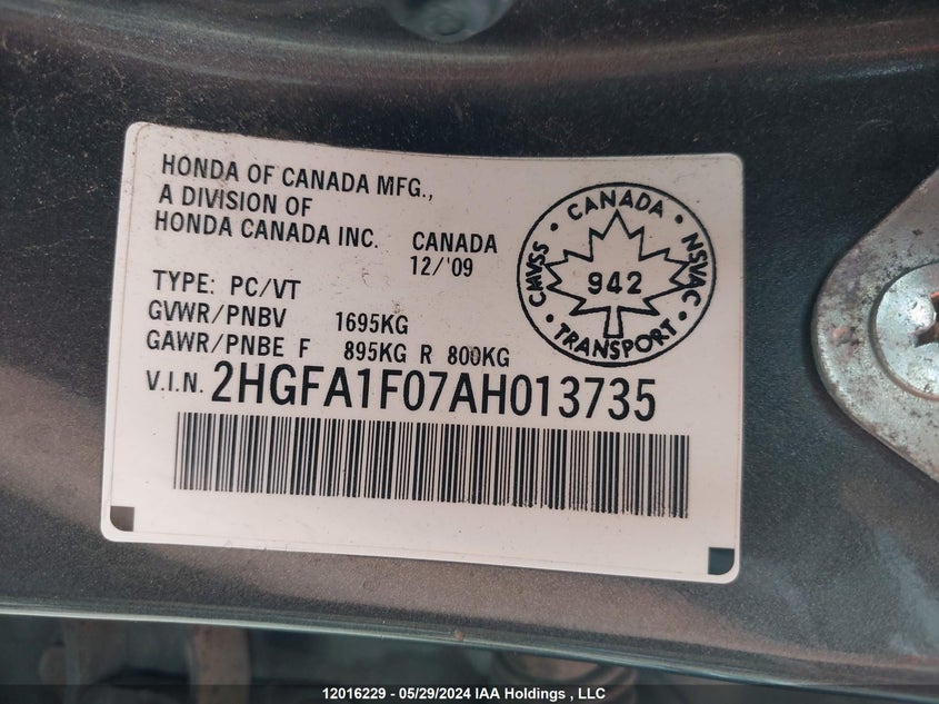 2010 Honda Civic Exl VIN: 2HGFA1F07AH013735 Lot: 12016229