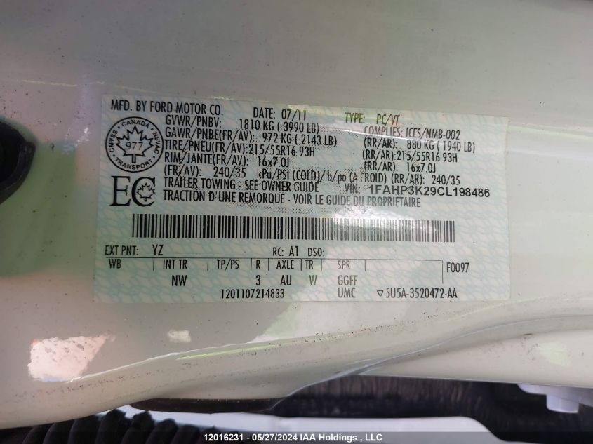 2012 Ford Focus Se VIN: 1FAHP3K29CL198486 Lot: 12016231