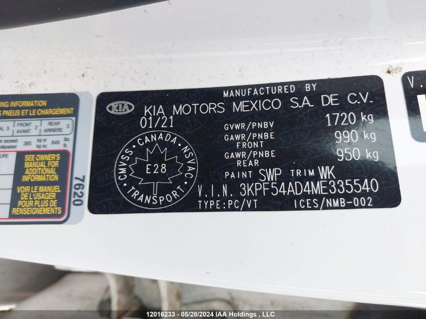 2021 Kia Forte VIN: 3KPF54AD4ME335540 Lot: 12016233