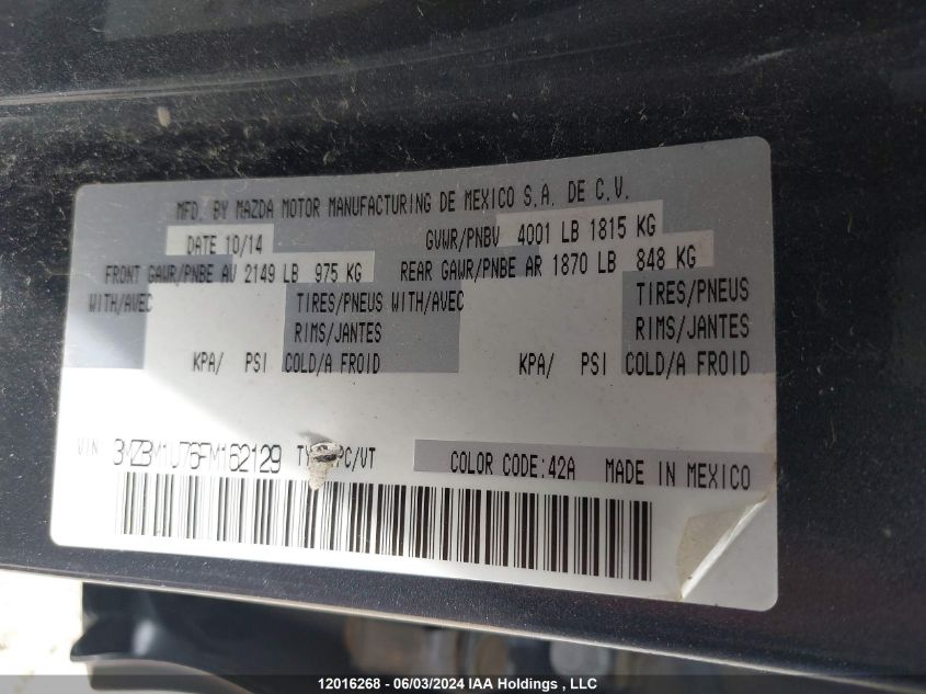 2015 Mazda Mazda3 VIN: 3MZBM1U76FM162129 Lot: 12016268