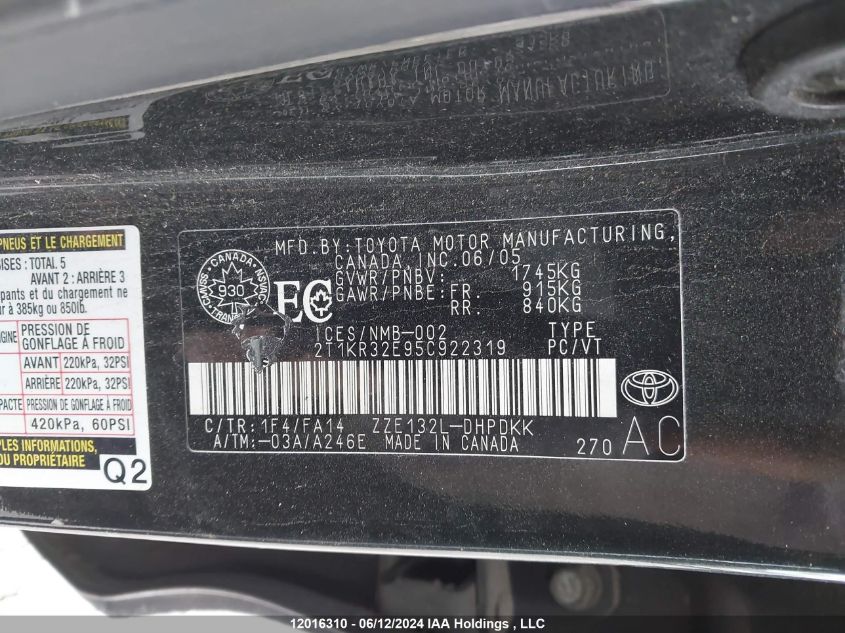 2005 Toyota Matrix VIN: 2T1KR32E95C922319 Lot: 12016310