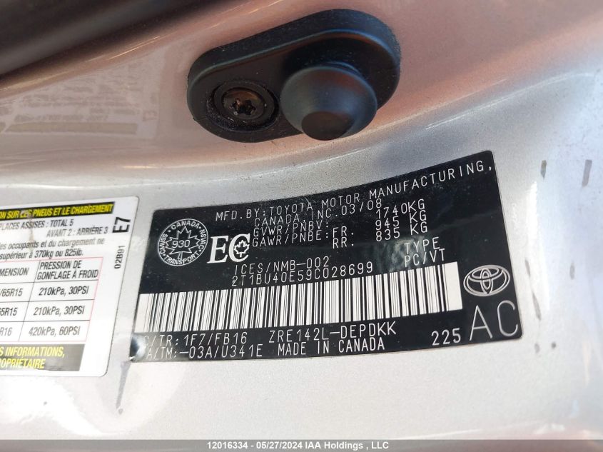 2009 Toyota Corolla S/Le/Xle VIN: 2T1BU40E59C028699 Lot: 12016334