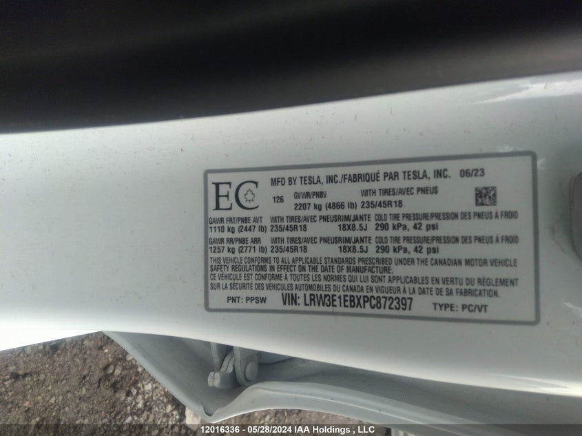 2023 Tesla Model 3 VIN: LRW3E1EBXPC872397 Lot: 12016336