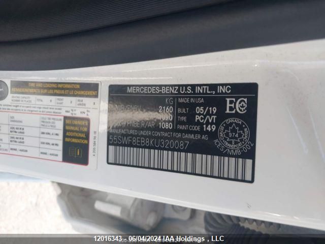 2019 Mercedes-Benz C-Class VIN: 55SWF8EB8KU320087 Lot: 12016343