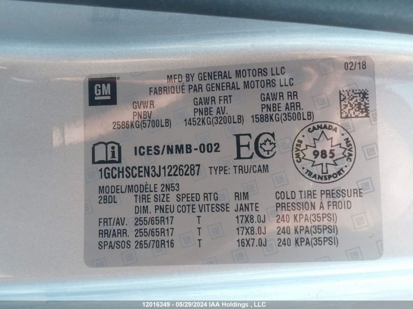 2018 Chevrolet Colorado VIN: 1GCHSCEN3J1226287 Lot: 12016349