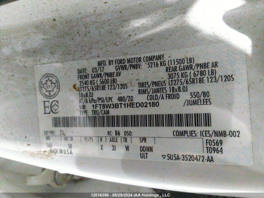 2017 Ford F350 Super Duty VIN: 1FT8W3BT1HED02180 Lot: 12016356