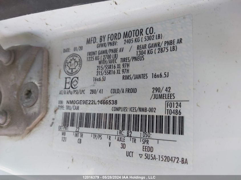 2020 Ford Transit Connect Xl VIN: NM0GE9E22L1466538 Lot: 12016379