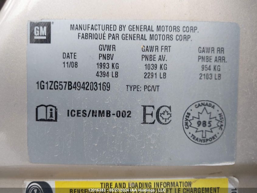 2009 Chevrolet Malibu VIN: 1G1ZG57B494203169 Lot: 12016383