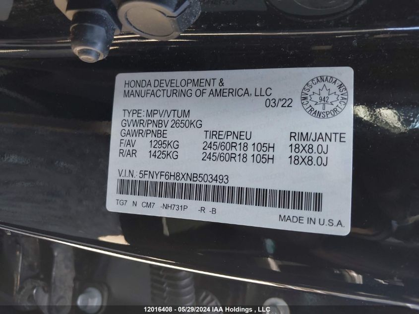 2022 Honda Pilot VIN: 5FNYF6H8XNB503493 Lot: 12016408