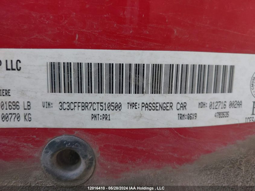 2012 Fiat 500 Sport VIN: 3C3CFFBR7CT510500 Lot: 12016410