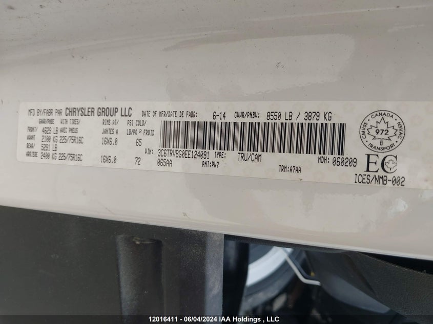 2014 Ram Promaster 1500 VIN: 3C6TRVBG0EE124091 Lot: 12016411