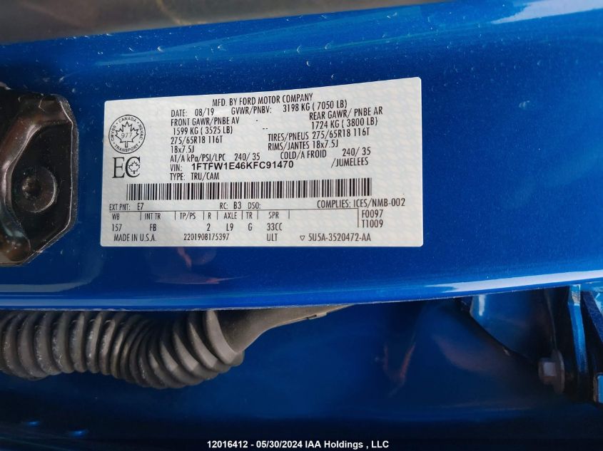 2019 Ford F150 Supercrew VIN: 1FTFW1E46KFC91470 Lot: 12016412
