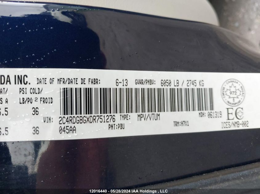 2013 Dodge Grand Caravan Se VIN: 2C4RDGBGXDR751276 Lot: 12016440