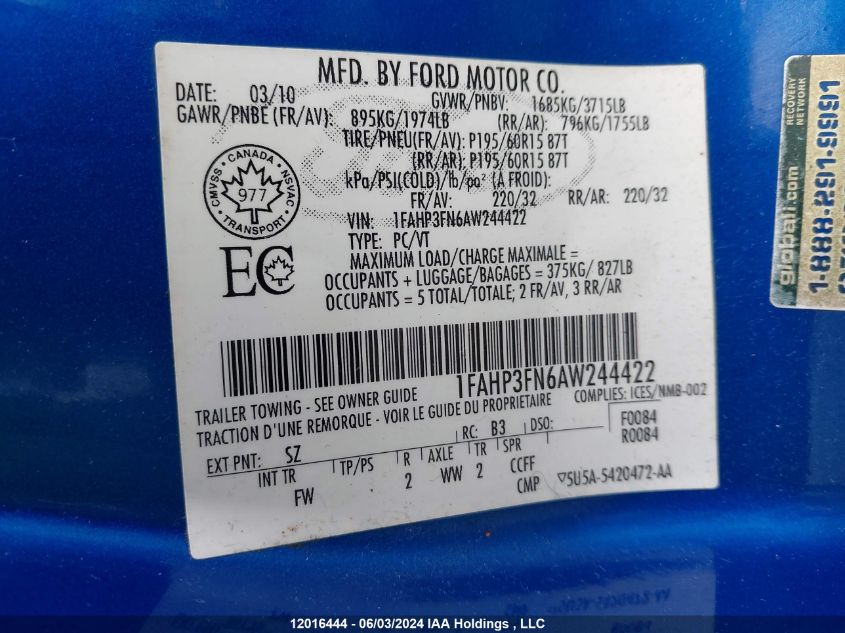 2010 Ford Focus VIN: 1FAHP3FN6AW244422 Lot: 12016444