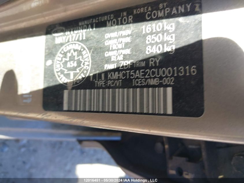 2012 Hyundai Accent Gls/Gs VIN: KMHCT5AE2CU001316 Lot: 12016451