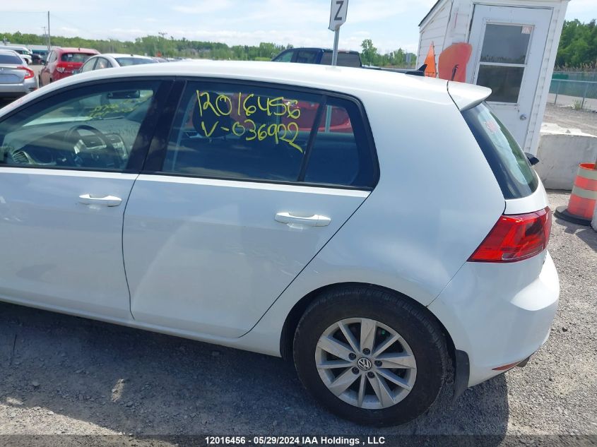 2016 Volkswagen Golf S/Se/Sel VIN: 3VW217AU9GM036922 Lot: 12016456