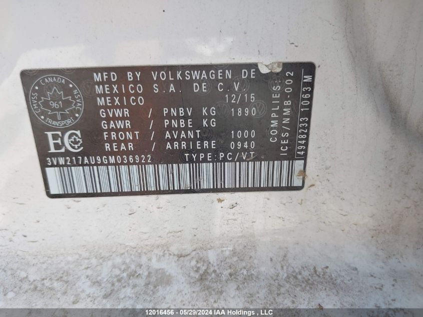 2016 Volkswagen Golf S/Se/Sel VIN: 3VW217AU9GM036922 Lot: 12016456