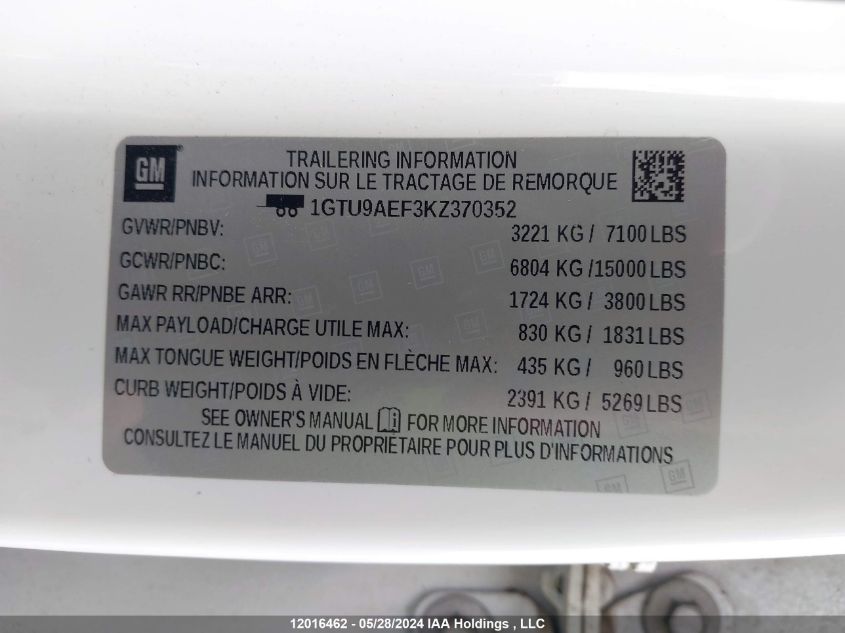 2019 GMC Sierra 1500 VIN: 1GTU9AEF3KZ370352 Lot: 12016462