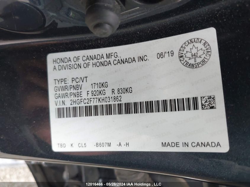 2019 Honda Civic Ex VIN: 2HGFC2F77KH031862 Lot: 12016466