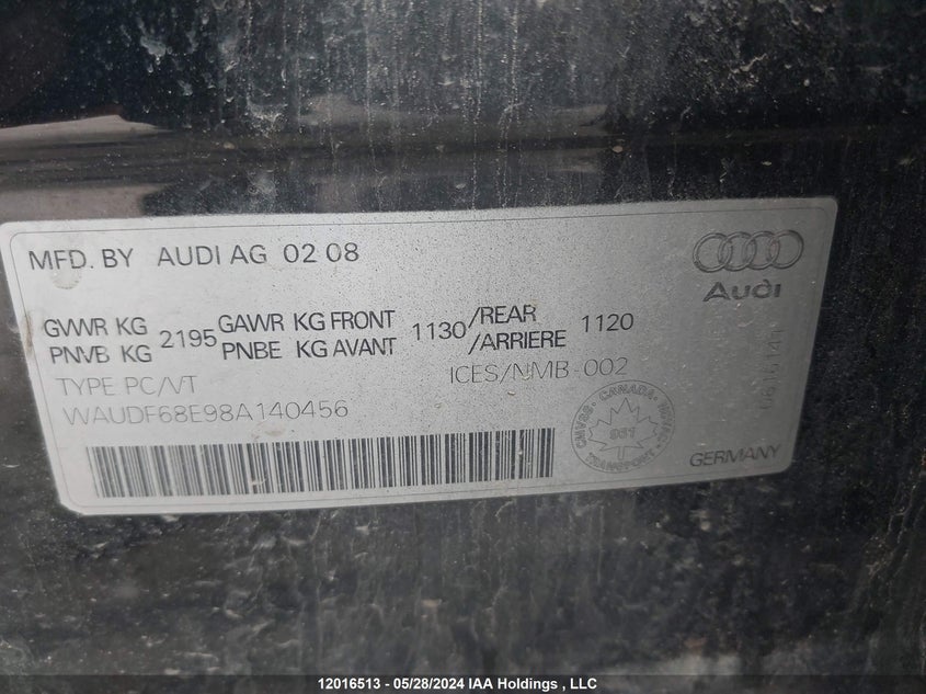 2008 Audi A4 2.0T Quattro VIN: WAUDF68E98A140456 Lot: 12016513