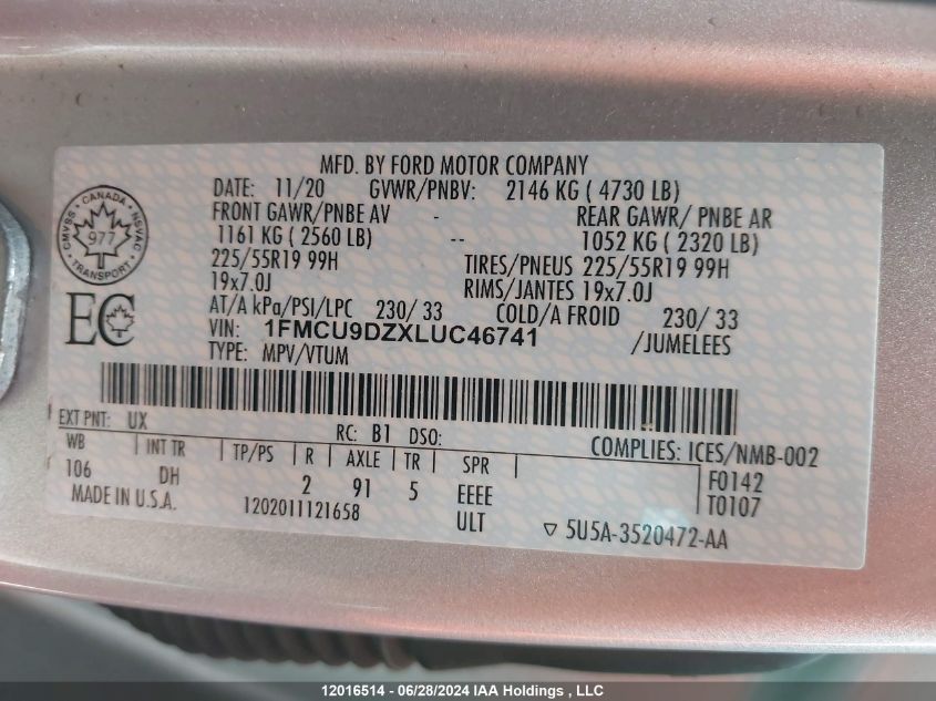 2020 Ford Escape Titanium VIN: 1FMCU9DZXLUC46741 Lot: 12016514