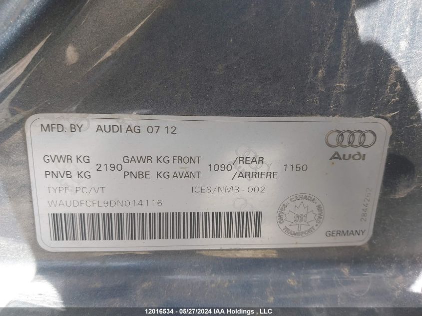 2013 Audi A4 VIN: WAUDFCFL9DN014116 Lot: 12016534