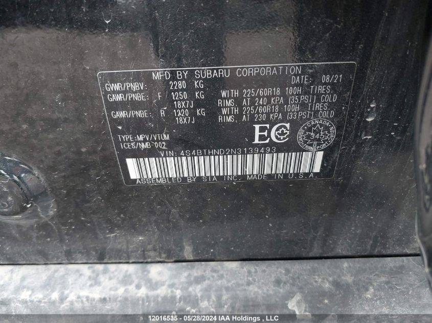 2022 Subaru Outback Limited Xt VIN: 4S4BTHND2N3139493 Lot: 12016535