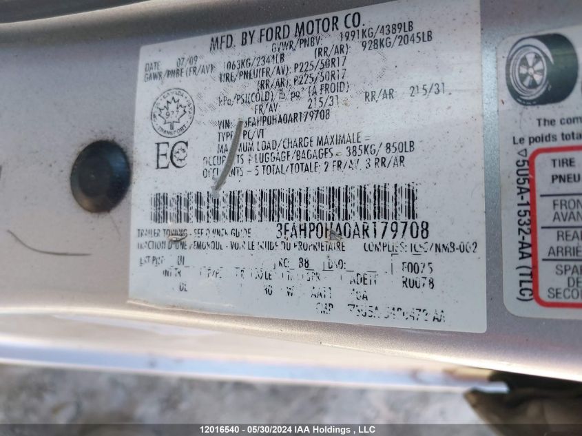 2010 Ford Fusion VIN: 3FAHP0HA0AR179708 Lot: 12016540