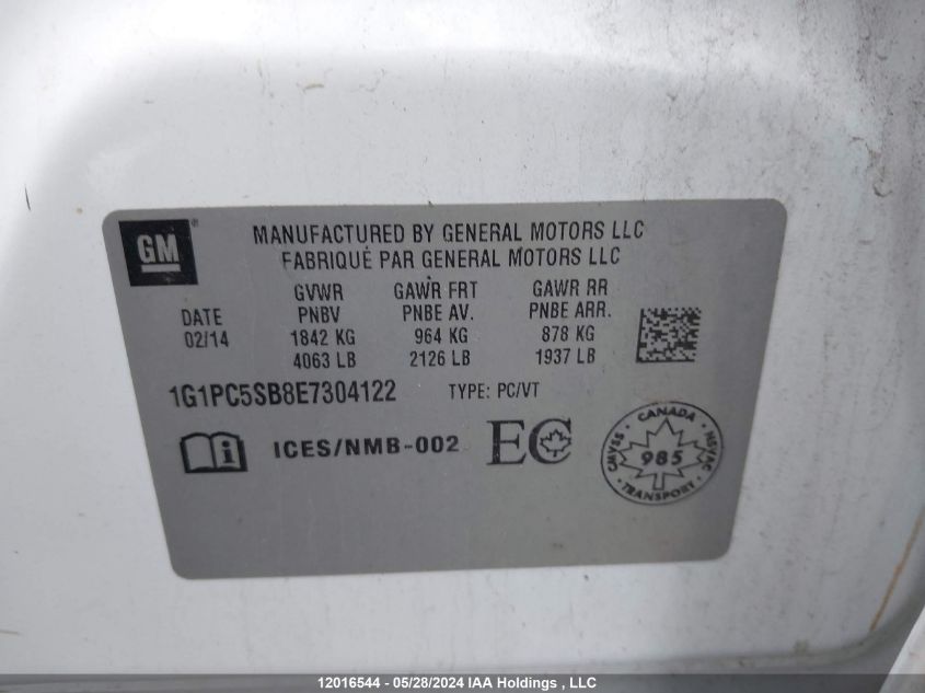 2014 Chevrolet Cruze VIN: 1G1PC5SB8E7304122 Lot: 12016544