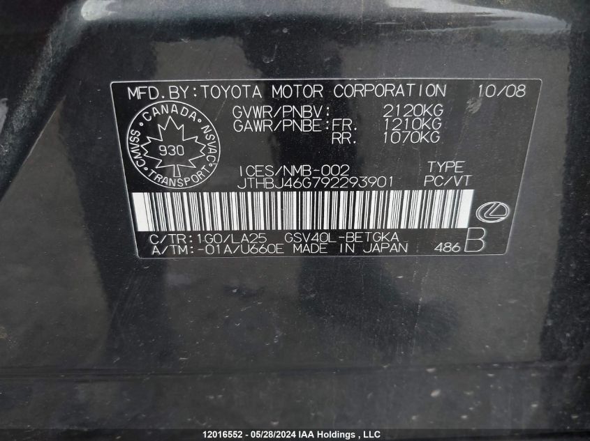 2009 Lexus Es350 VIN: JTHBJ46G792293901 Lot: 12016552