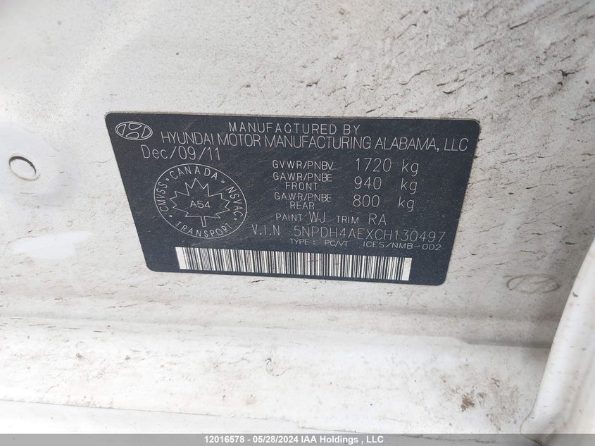 2012 Hyundai Elantra VIN: 5NPDH4AEXCH130497 Lot: 12016578