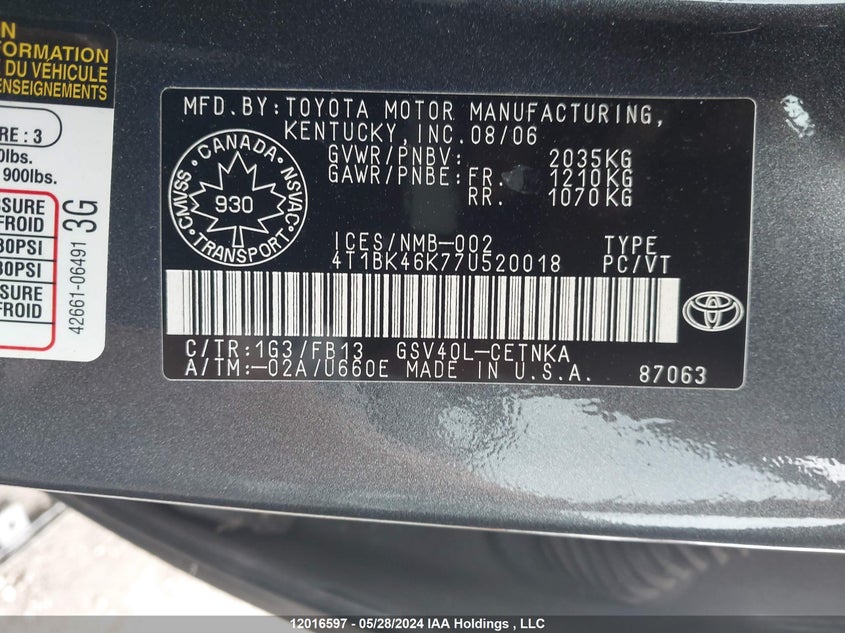 2007 Toyota Camry Le/Xle/Se VIN: 4T1BK46K77U520018 Lot: 12016597