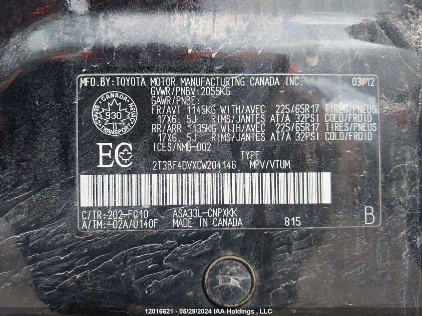 2012 Toyota Rav4 VIN: 2T3BF4DVXCW204146 Lot: 12016621