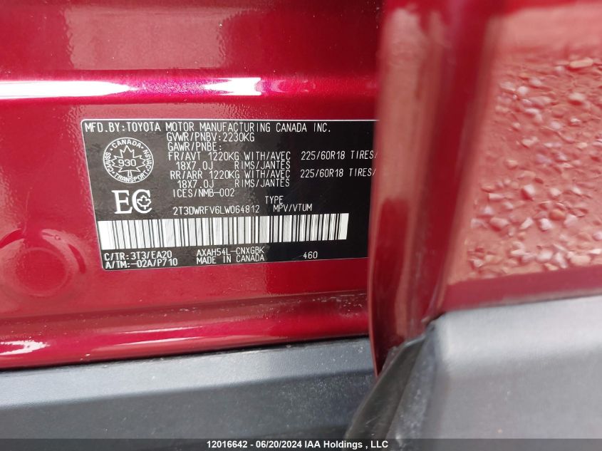 2020 Toyota Rav4 Limited VIN: 2T3DWRFV6LW064812 Lot: 12016642