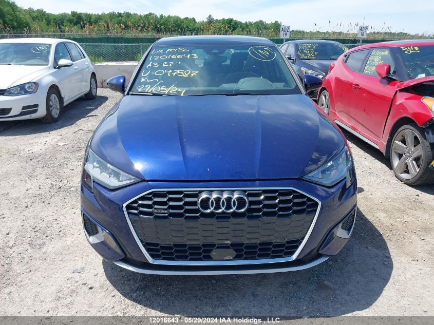 2022 Audi A3 Premium VIN: WAUGUCGY7NA047587 Lot: 12016643