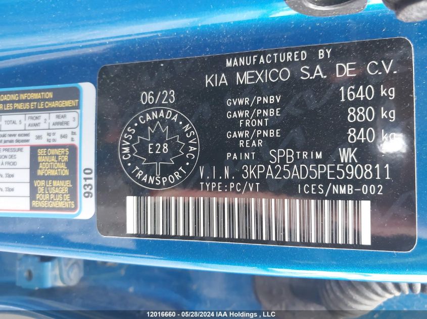 2023 Kia Rio 5-Door VIN: 3KPA25AD5PE590811 Lot: 12016660