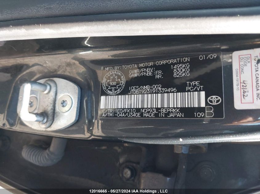 2009 Toyota Yaris VIN: JTDBT923191339496 Lot: 12016665